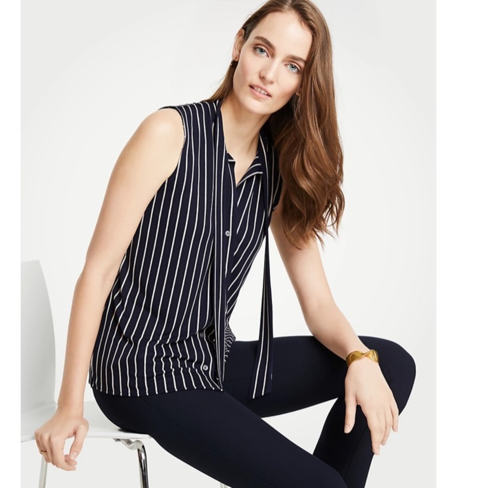 Ann Taylor Stripe Tie Neck Button Front Shell